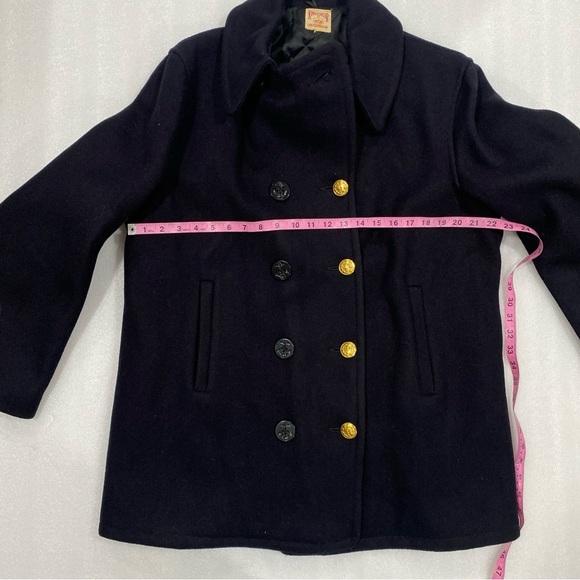 Vintage Men’s Heavy Wool Lined Pea Coat Double Breasted Brass/Plastic Buttons L - Picture 10 of 15